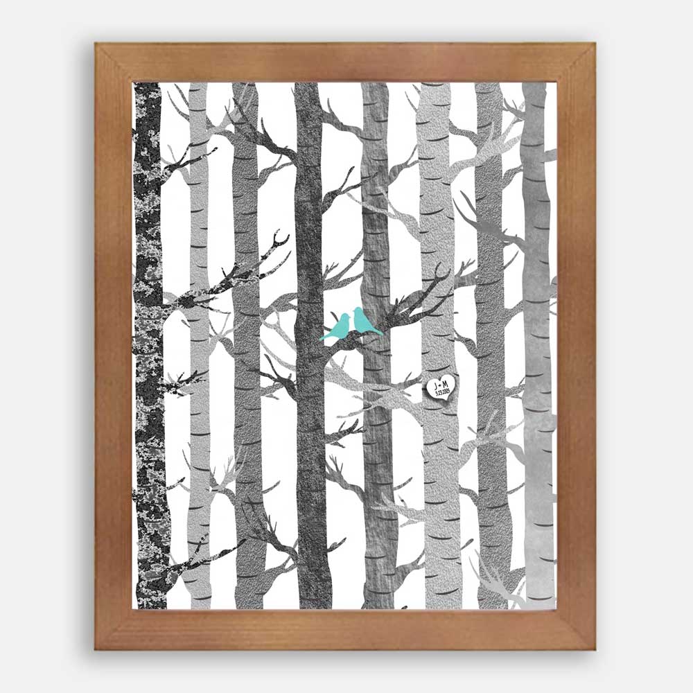 Anniversary Couple Birch Trees Carved Initials Faux Texture Turquoise Birds Tree Forest on White Background #CWA-1282 - Image 4