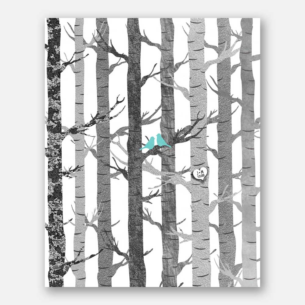 Anniversary Couple Birch Trees Carved Initials Faux Texture Turquoise Birds Tree Forest on White Background #CWA-1282 - Image 7