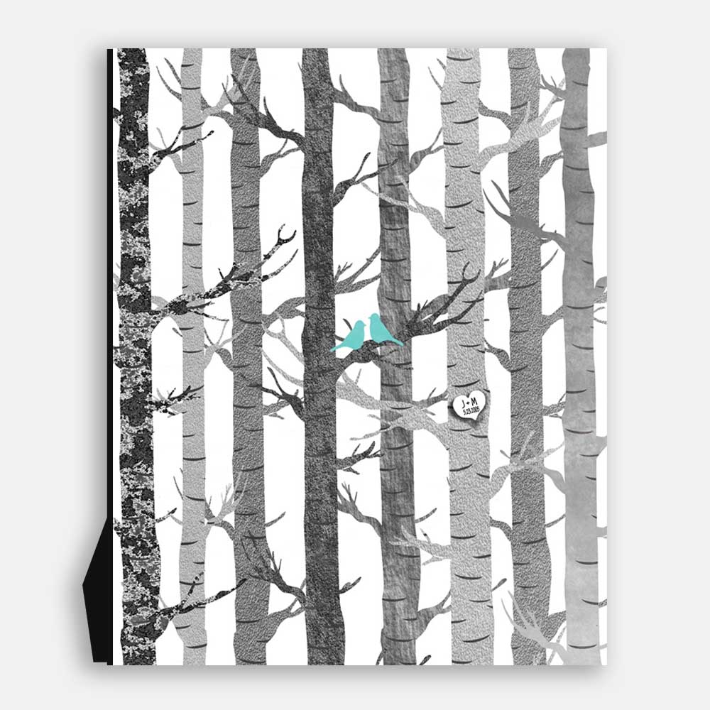Anniversary Couple Birch Trees Carved Initials Faux Texture Turquoise Birds Tree Forest on White Background #CWA-1282 - Image 2