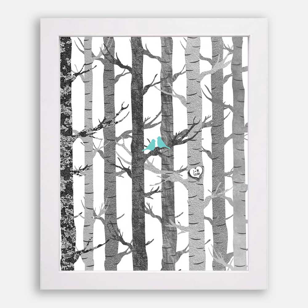 Anniversary Couple Birch Trees Carved Initials Faux Texture Turquoise Birds Tree Forest on White Background #CWA-1282 - Image 5