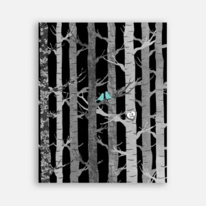 Anniversary Couple Birch Trees Carved Initials Faux Texture Turquoise Birds Tree Forest on Black Night Background #CWA-1283