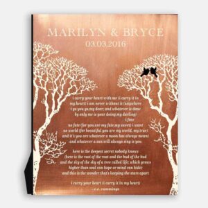 I Carry Your Heart Bare Trees Love Birds Winter Wedding Faux Copper Personalized Tin 10 Year Anniversary Gift #1302