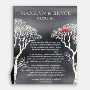 I Carry Your Heart Bare Trees Winter Wedding Love Birds Shiny Tin Personalized Tin 10 Year Anniversary Gift #1303