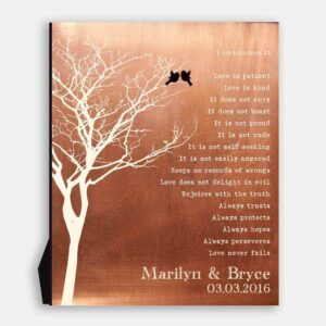 Bare Tree Love Birds Personalized Corinthians Verse Faux Copper Tin 10 Year Anniversary Keepsake Gift #1305