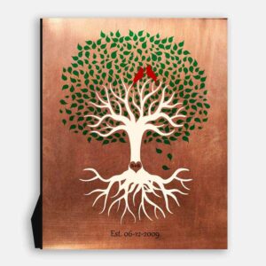 Minimalist Tree Roots Green Canopy Red Cardinal Birds 7 Year Anniversary Faux Copper 1398