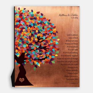 7 Year Anniversary Love Is Patient Corinthians Colorful Spring Tree Faux Copper Background #1403