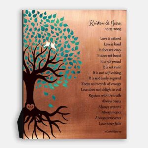 Turquoise on Faux Copper Background Tree of Life Love Is Patient Corinthians Anniversary Gift #1410