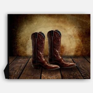 Cowboy Boots on Wood Table Vintage Background Personalized Cowboy Western Art Print For Childrens Room Boys Room Nursery #TCH-1010