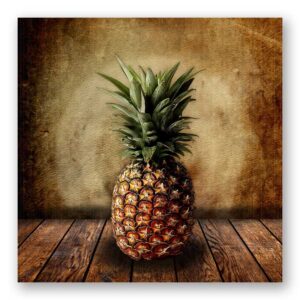 Pineapple on Wood Table Square Vintage Background Print #TCH-1026
